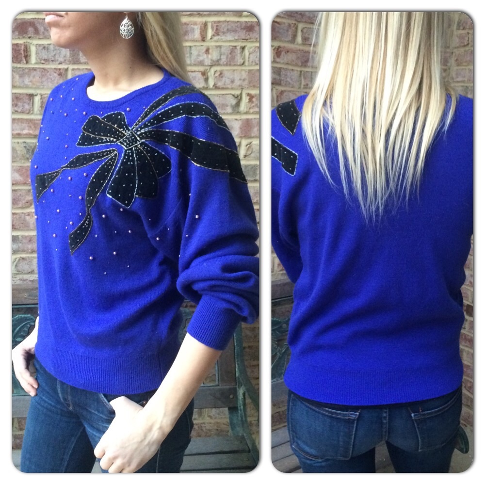 Tan Flay Blue Embellished Bow Sweater SMALL